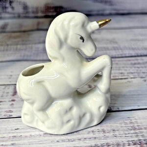 Vintage White Bone Miniature Unicorn Figurine Gold Horn Trim